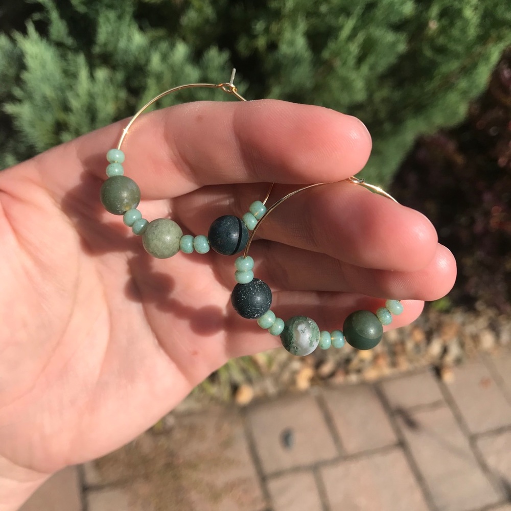 Matte Indian Agate Beaded Gold Plated Hoop Earring - Picture 8 of 8